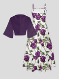 Purple Rose Print Cardigan Dress Set