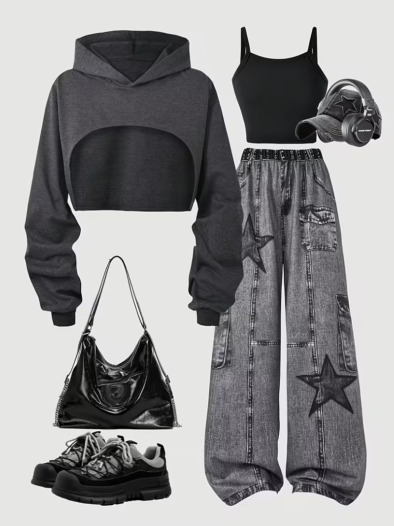 Women's Charcoal Grey Cropped Hoodie & Star Cargo Jeans 3-Piece Co-Ord Set