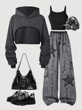 Women's Charcoal Grey Cropped Hoodie & Star Cargo Jeans 3-Piece Co-Ord Set