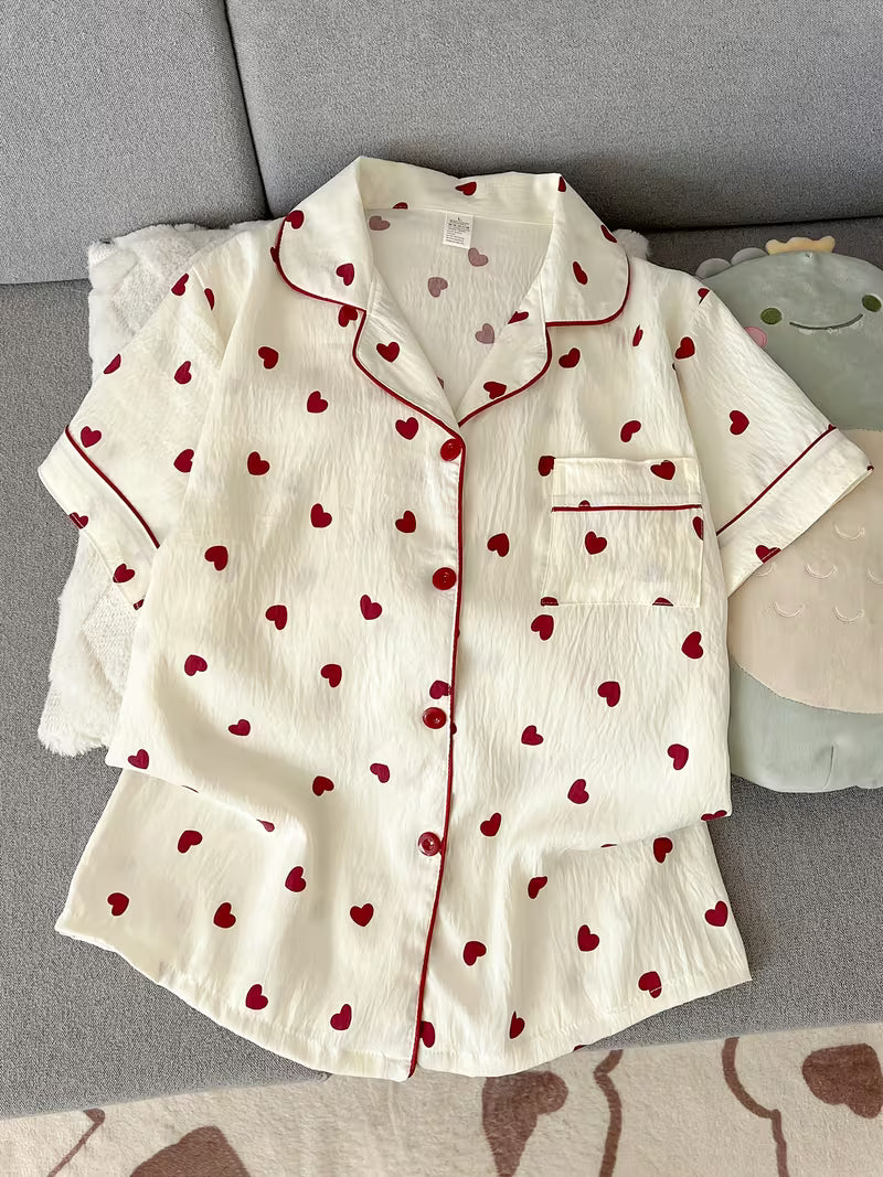 Women's Red Heart Print Pajama Set – Short Sleeve Button-Up Sleepwear