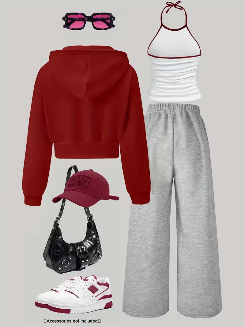 Women's Red Cropped Hoodie & Grey Wide-Leg Pants 3-Piece Co-Ord Set