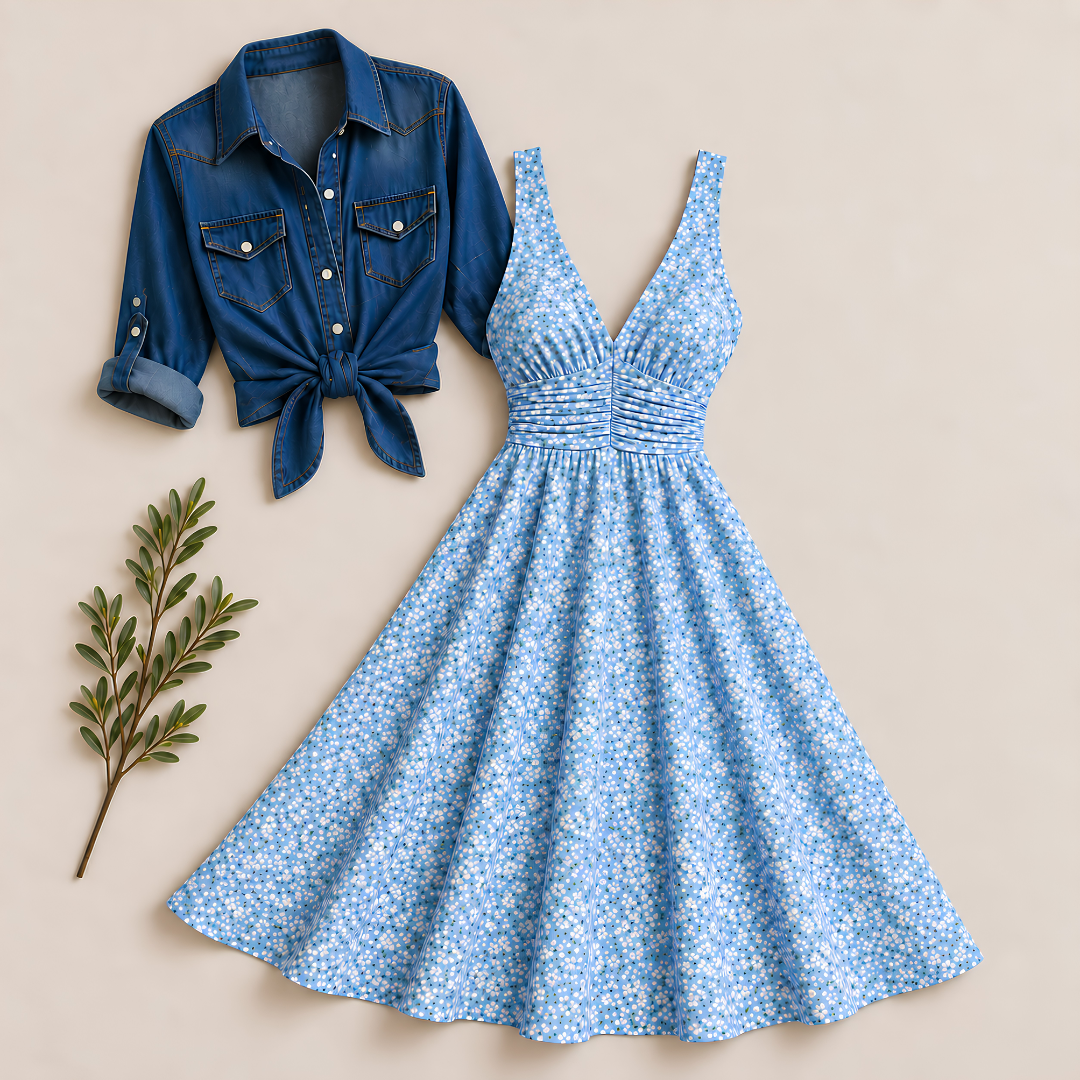 Women's Printed Dress with Denim Shirt Set