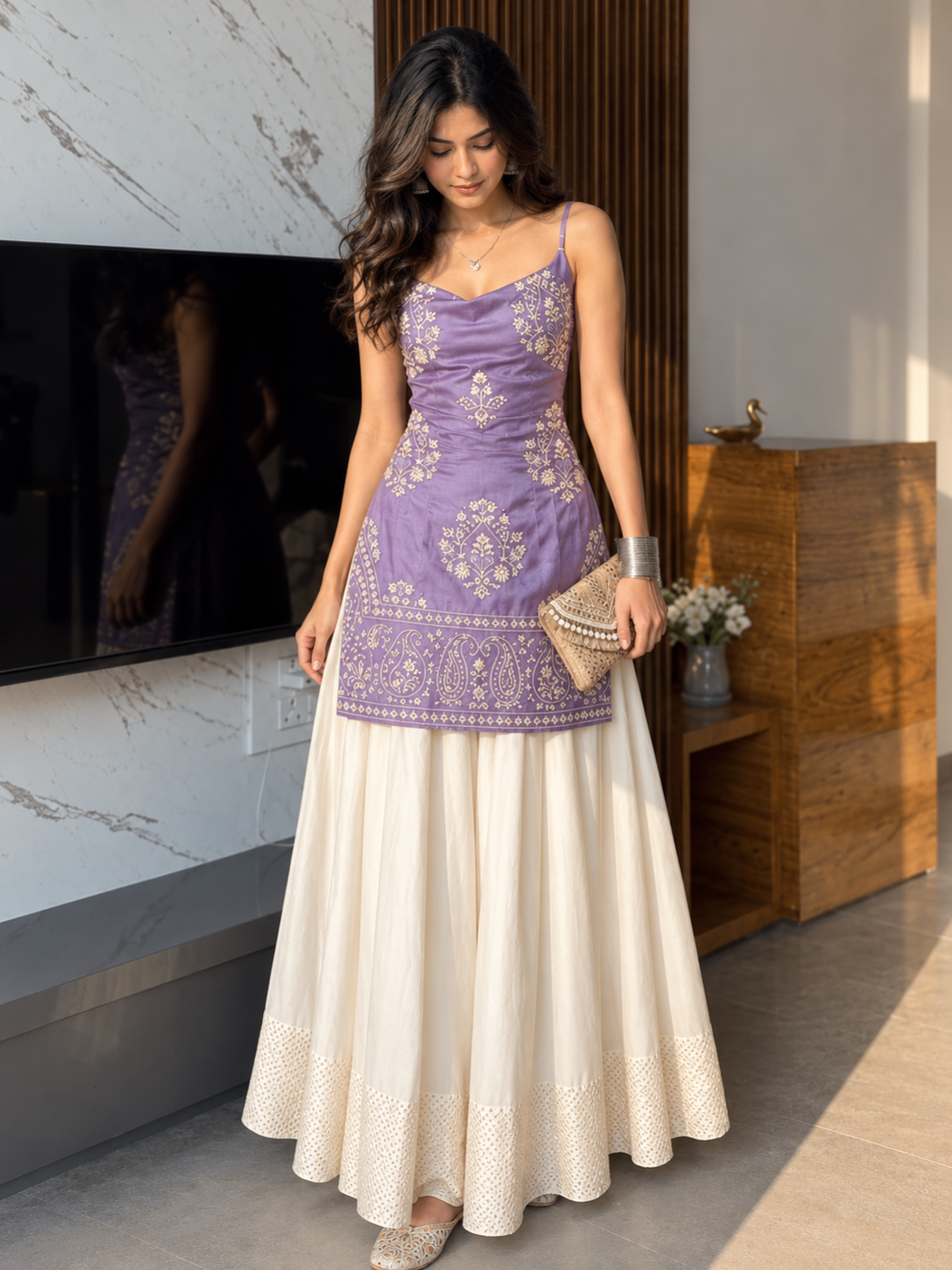 Women's Embroidered Kurti & Flared Skirt Set