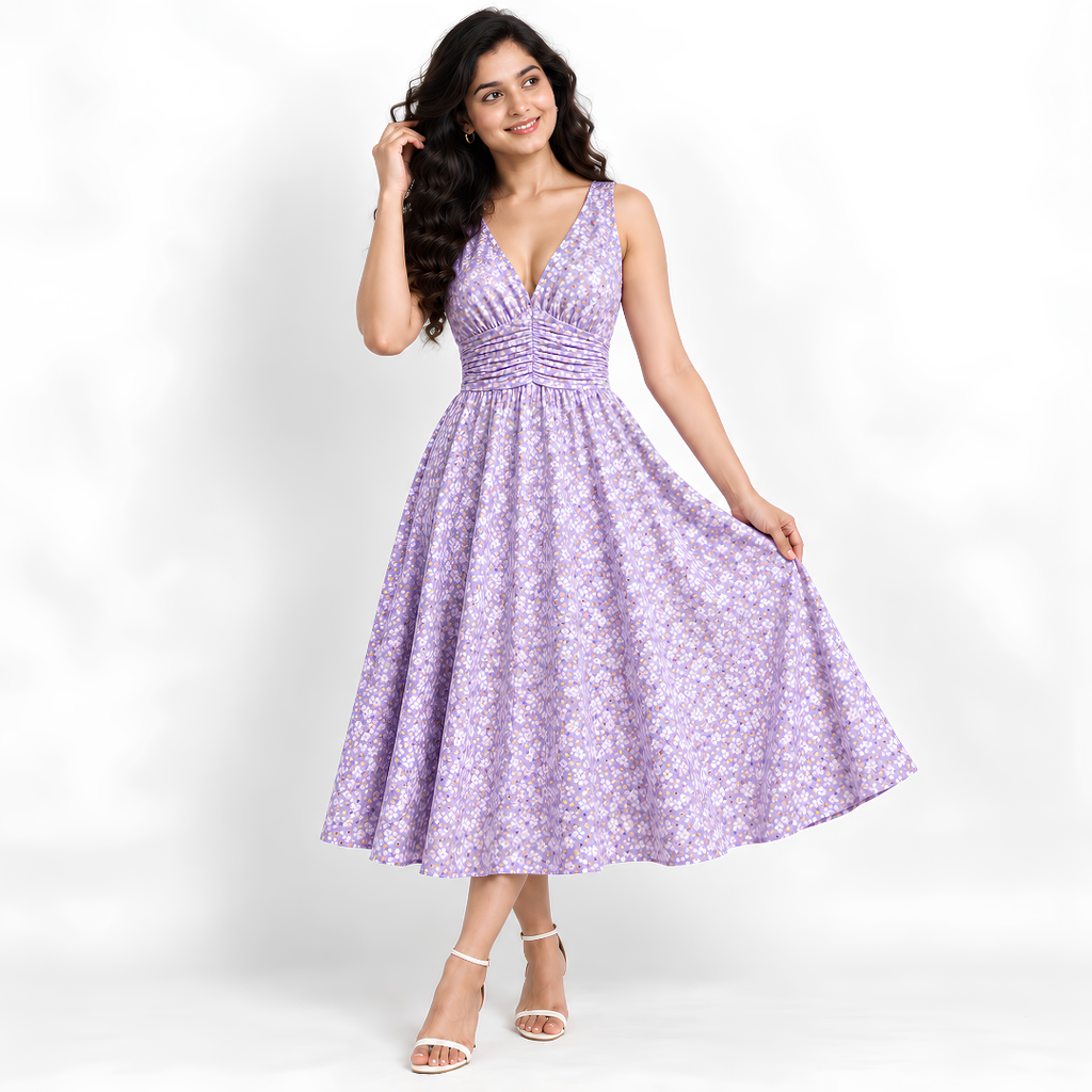 Women's Printed Dress with Denim Shirt Set