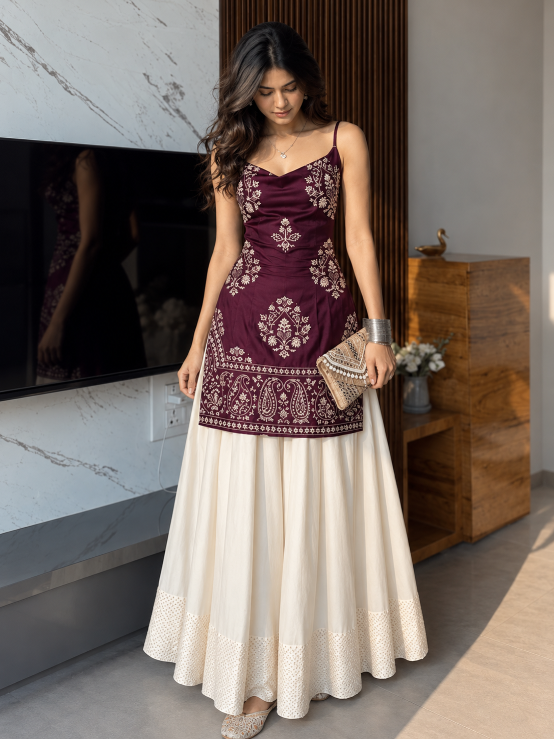 Women's Embroidered Kurti & Flared Skirt Set