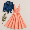 Women's Printed Dress with Denim Shirt Set