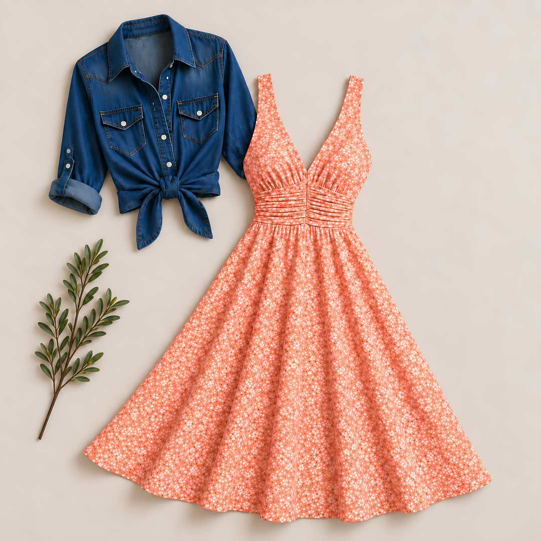 Women's Printed Dress with Denim Shirt Set