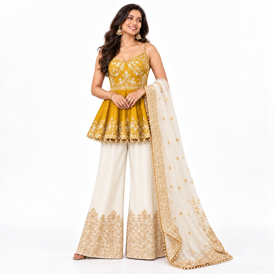 Women's Embroidered Peplum Sharara Set