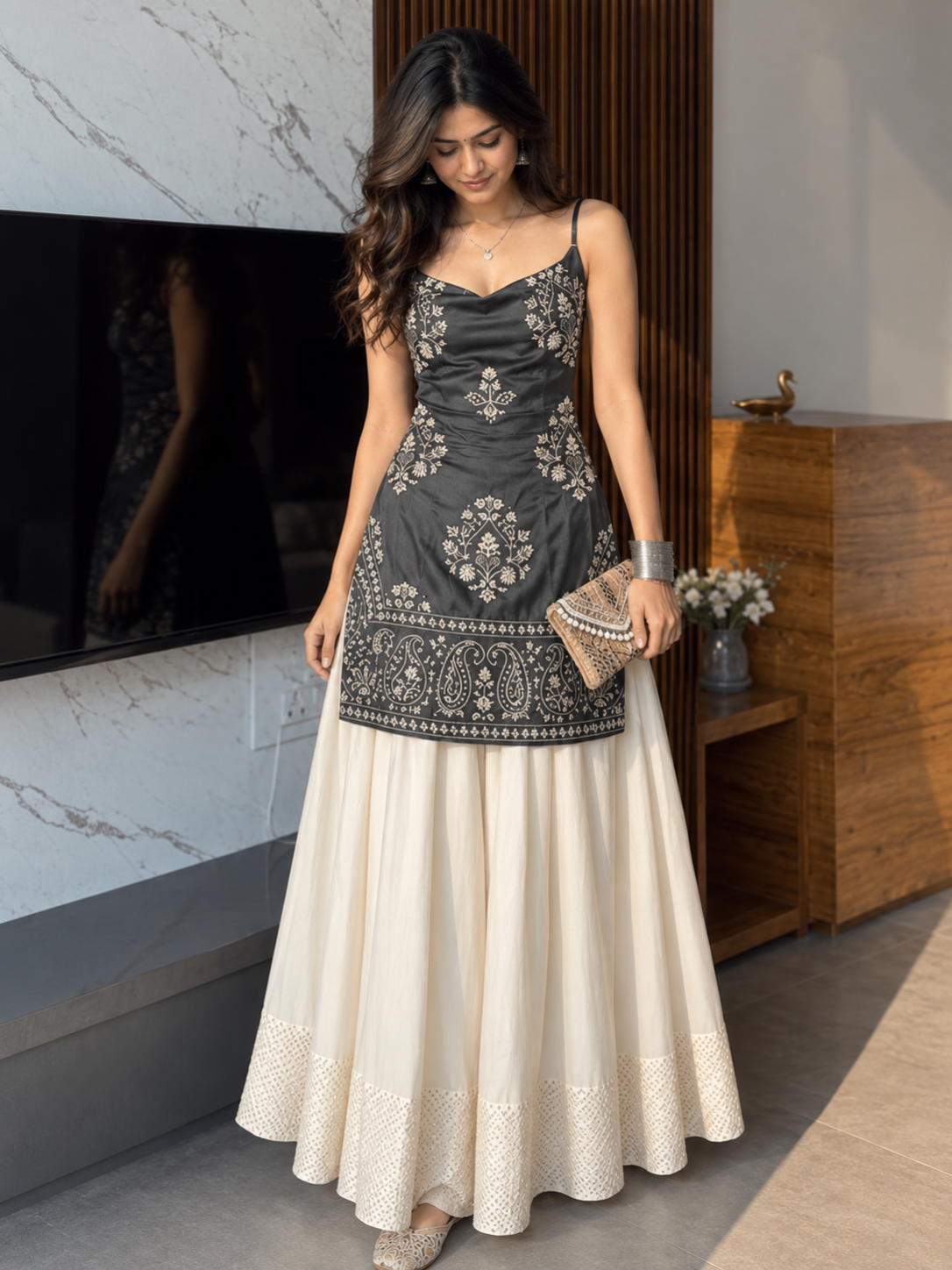 Women's Embroidered Kurti & Flared Skirt Set