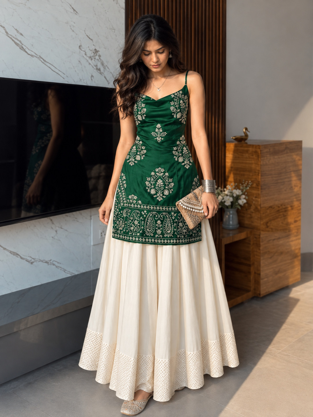Women's Embroidered Kurti & Flared Skirt Set