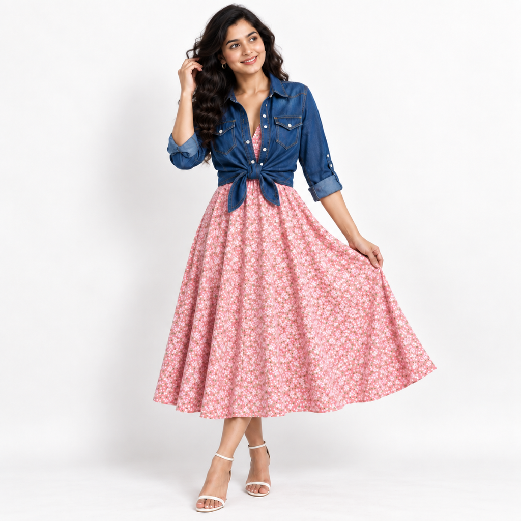 Women's Printed Dress with Denim Shirt Set