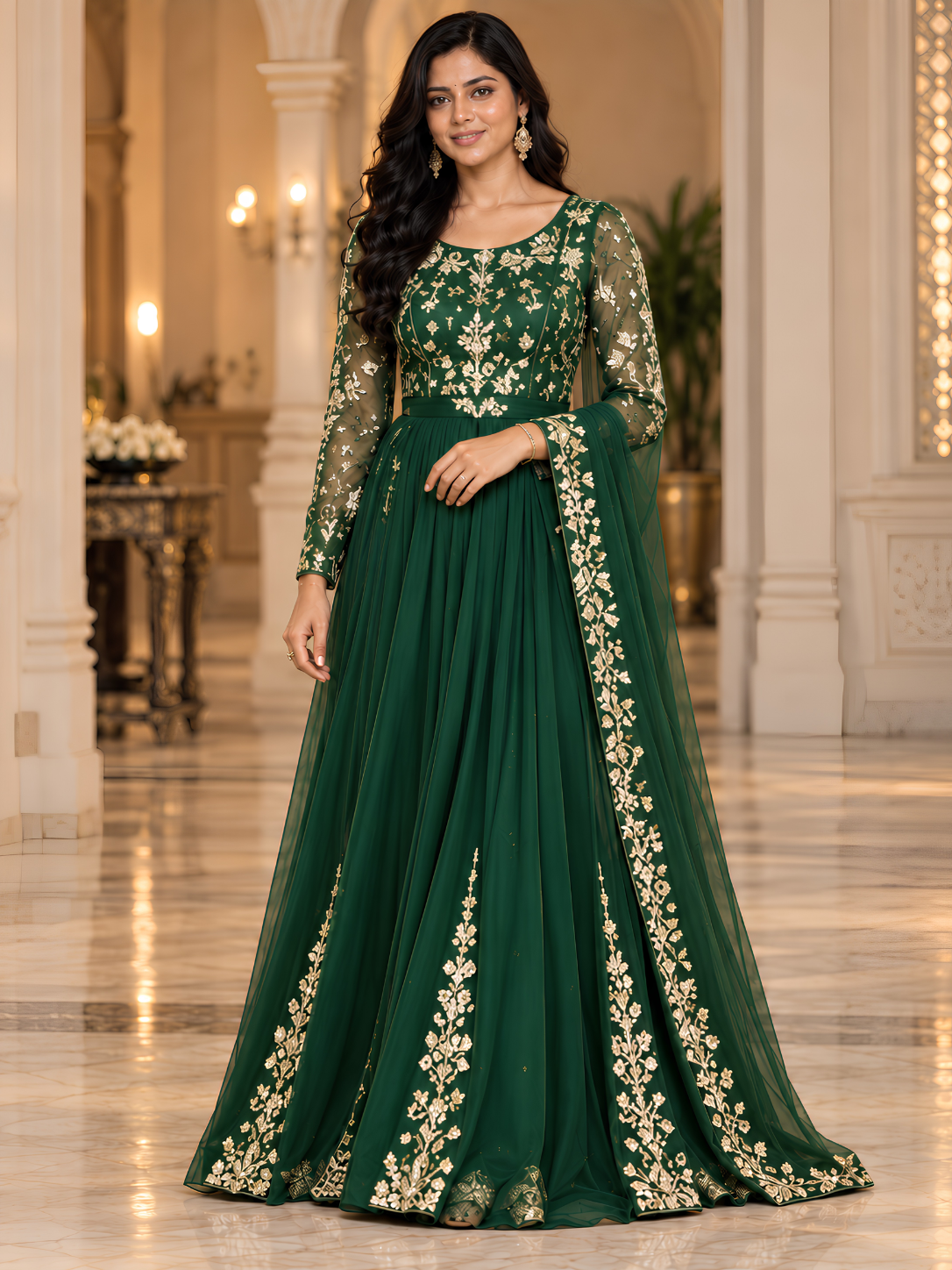 Emerald Noor Embroidered Anarkali Gown with Dupatta