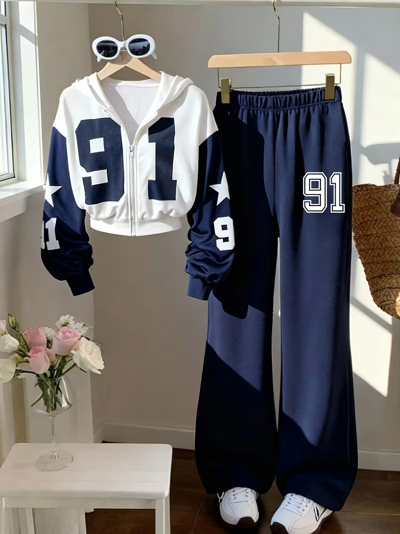 Women's Navy Blue Graphic Cropped Hoodie & Wide-Leg Pants 3-Piece Co-Ord Set
