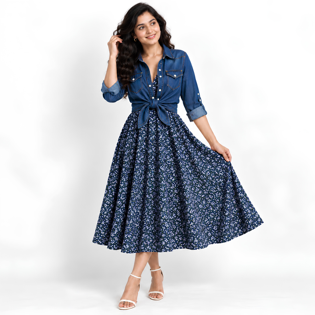 Women's Printed Dress with Denim Shirt Set