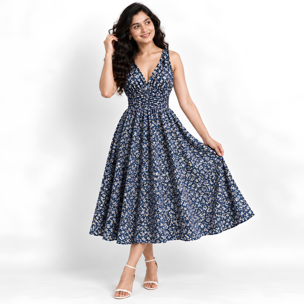 Women's Printed Dress with Denim Shirt Set