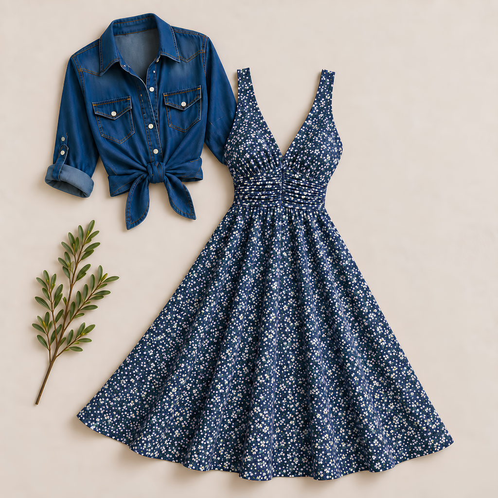 Women's Printed Dress with Denim Shirt Set