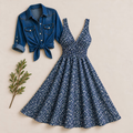 Women's Printed Dress with Denim Shirt Set
