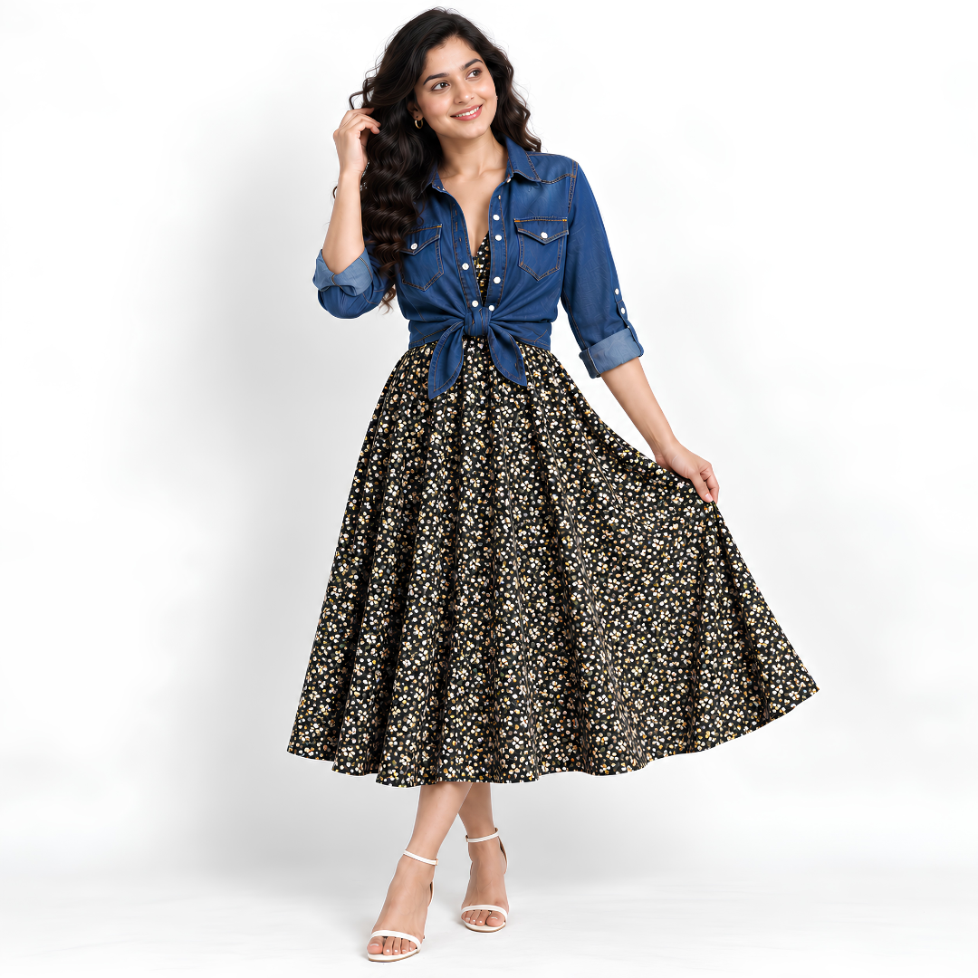 Women's Printed Dress with Denim Shirt Set