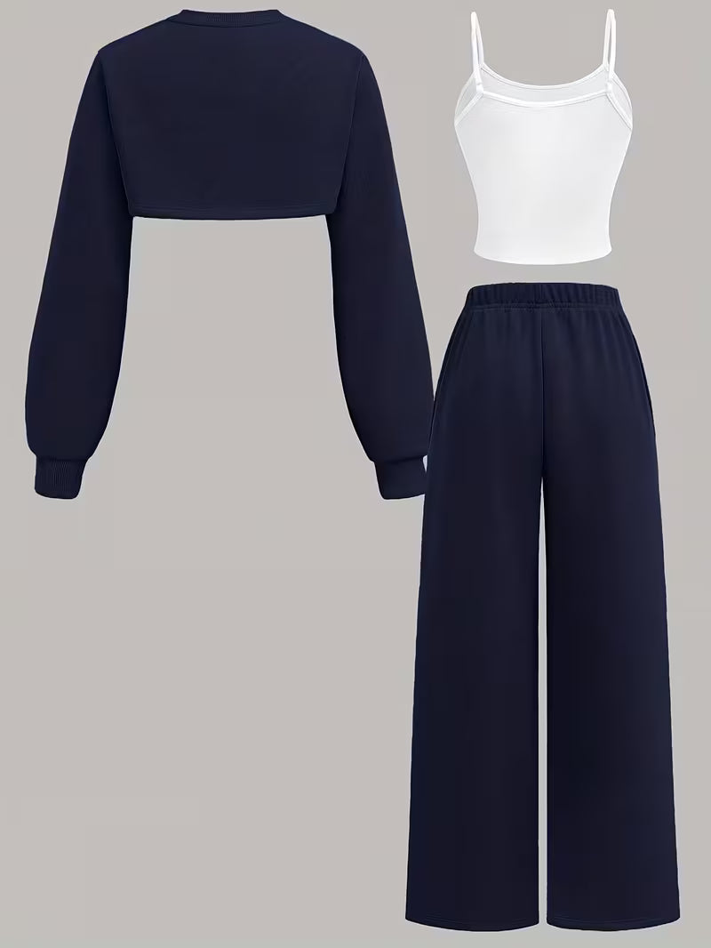 Women's Navy Blue Cropped Sweatshirt & Wide-Leg Pants 3-Piece Co-Ord Set
