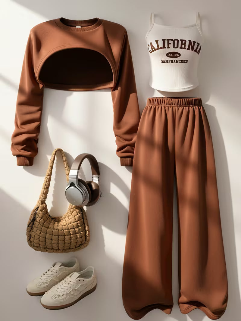 Women's Brown Crop Sweatshirt & Wide-Leg Pants 3-Piece Co-Ord Set