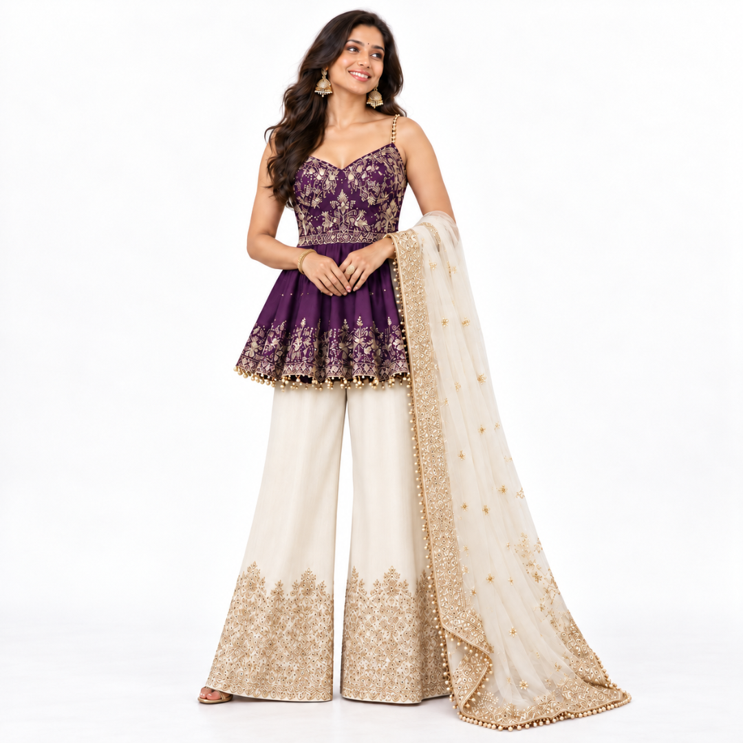 Women's Embroidered Peplum Sharara Set