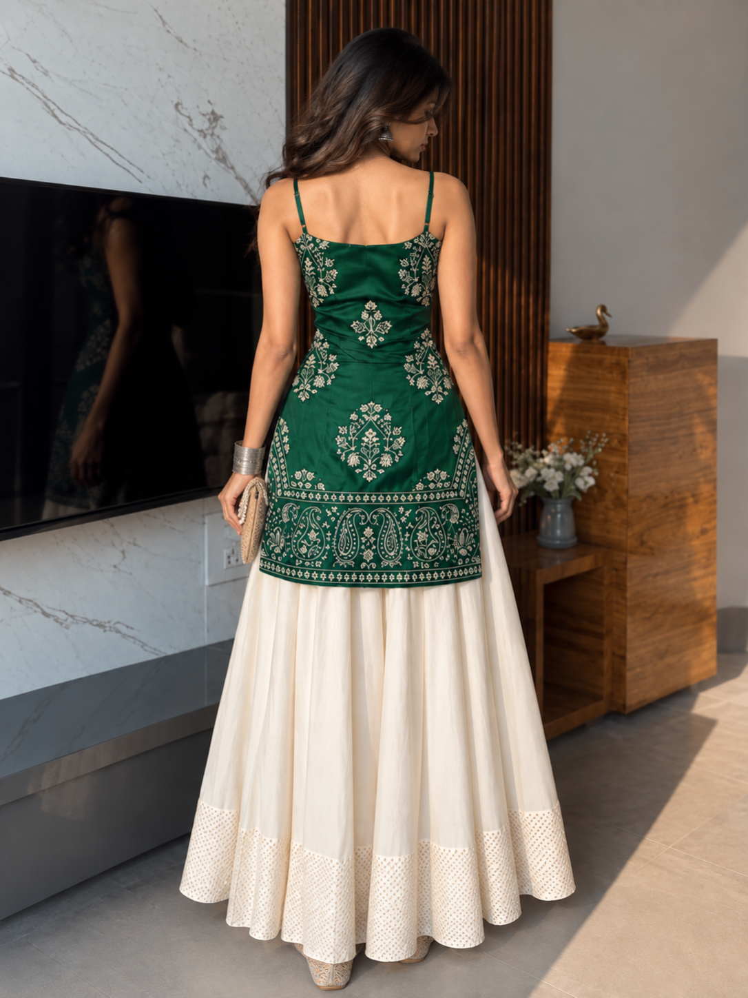 Women's Embroidered Kurti &amp; Flared Skirt Set