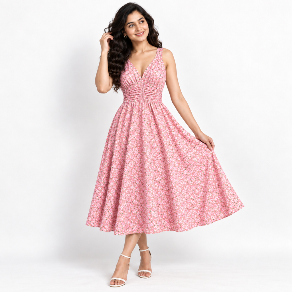 Women's Printed Dress with Denim Shirt Set
