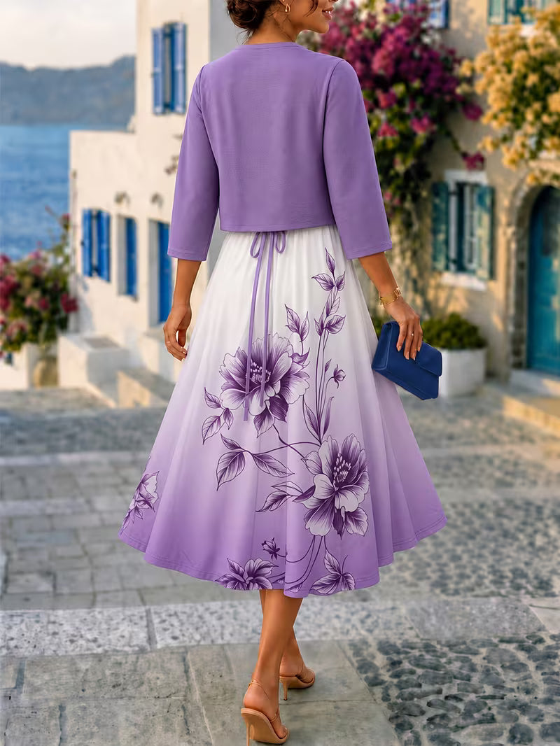 Elegant Women's Vintage Artistic Floral Print Dress Set