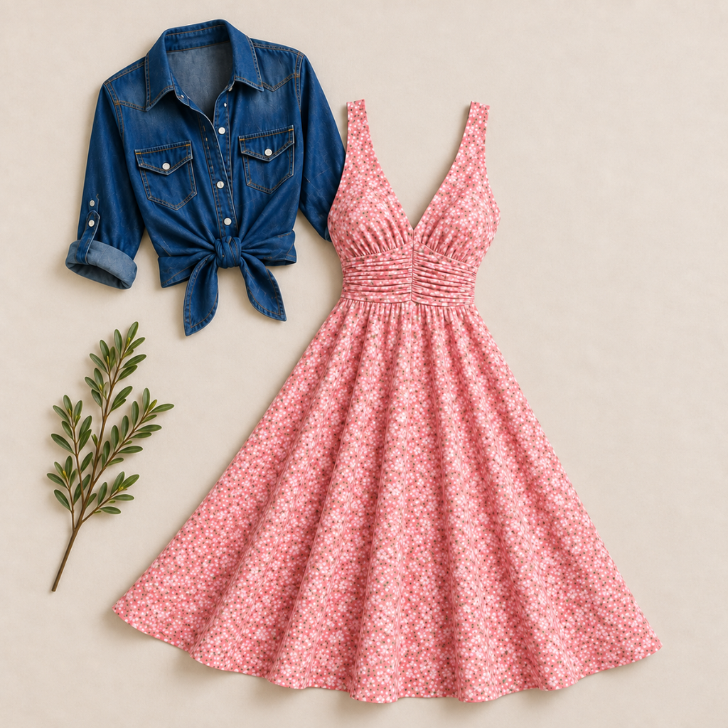 Women's Printed Dress with Denim Shirt Set