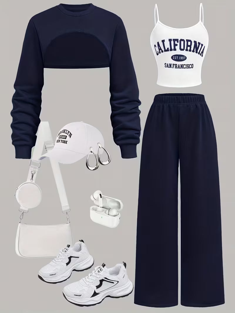 Women's Navy Blue Cropped Sweatshirt & Wide-Leg Pants 3-Piece Co-Ord Set