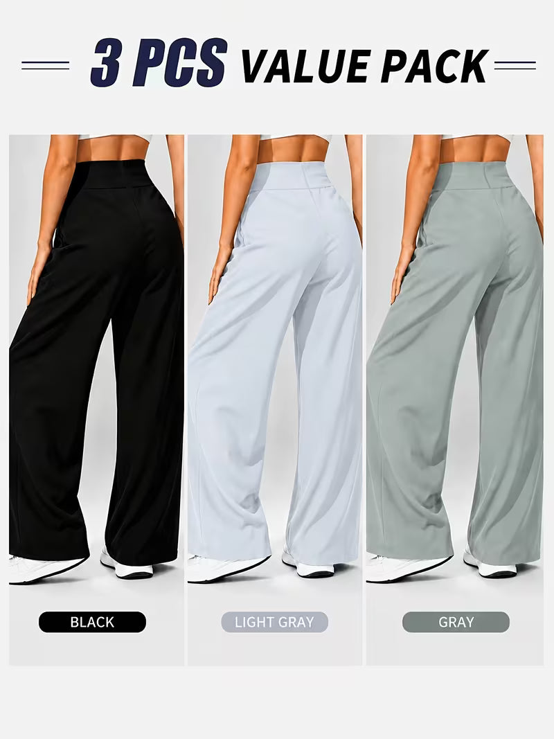 Pack of 3 Comfortable Wide-Leg Pants – Sage Green, White &amp; Black