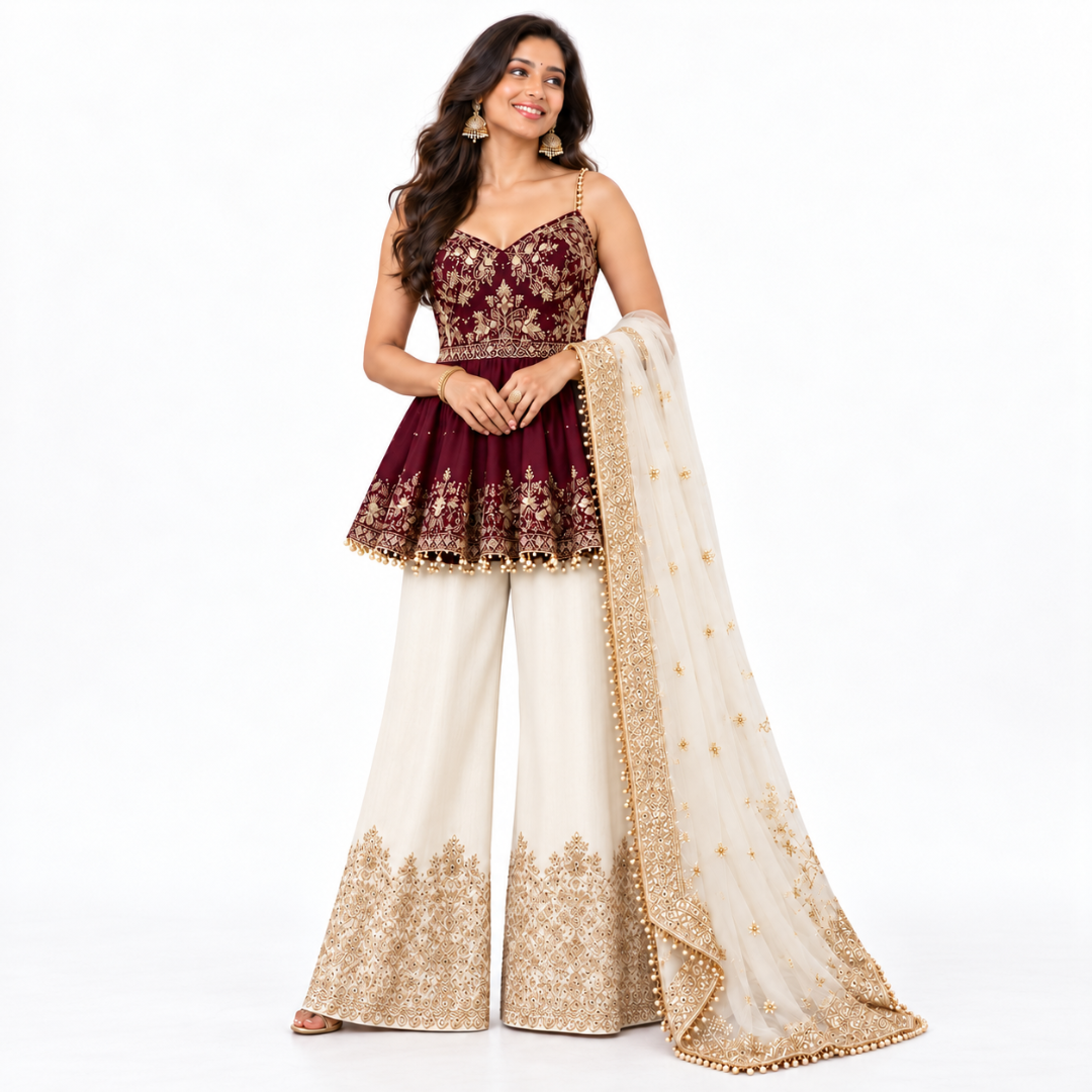 Women's Embroidered Peplum Sharara Set