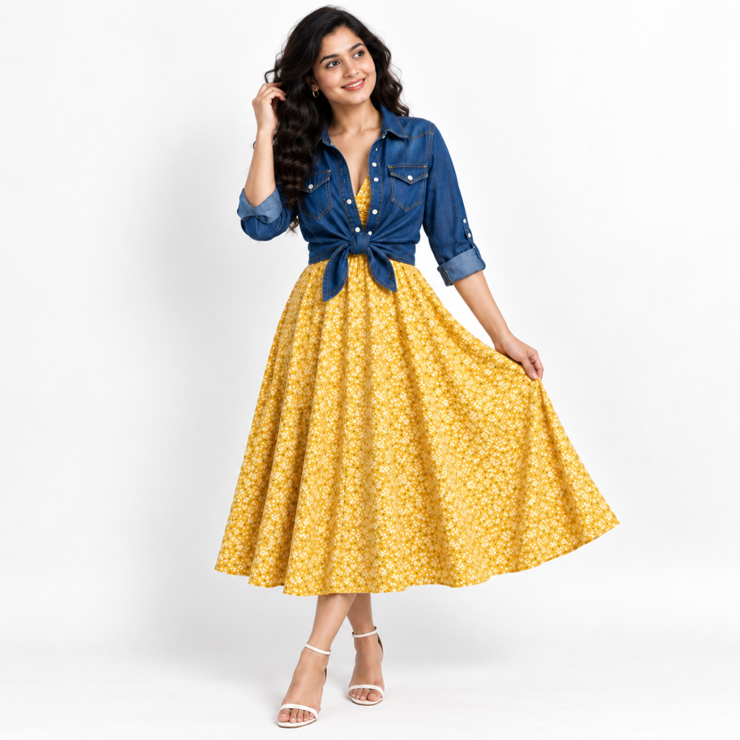 Women's Printed Dress with Denim Shirt Set