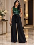Sleeveless Sparkle Top with High-Waist Bow Wide-Leg Pants