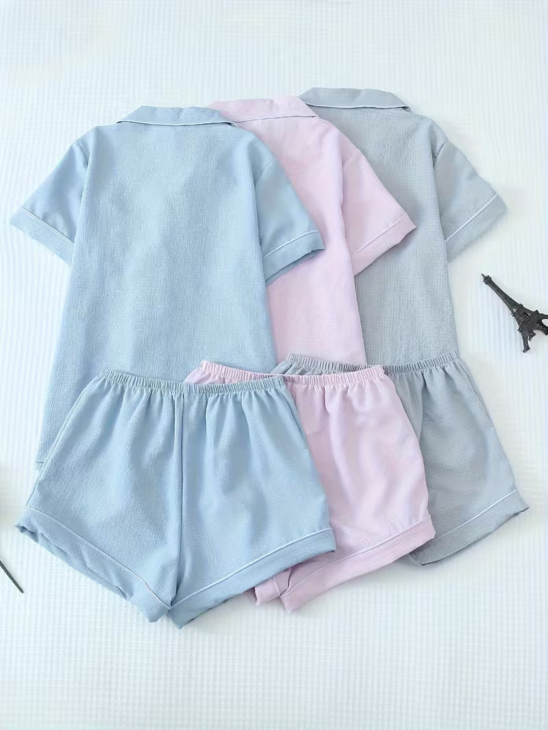 Women's Soft Textured Short Pajama Set – Premium Collared Loungewear