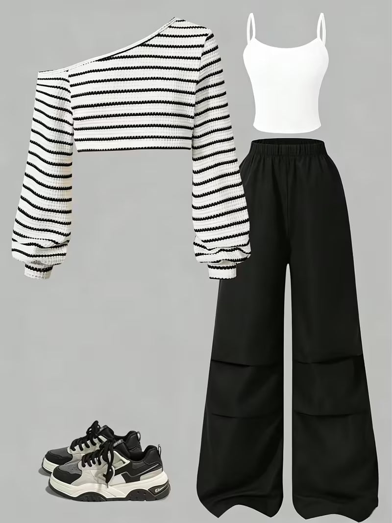 Women's Black & White Striped Co-Ord Set with Wide-Leg Pants