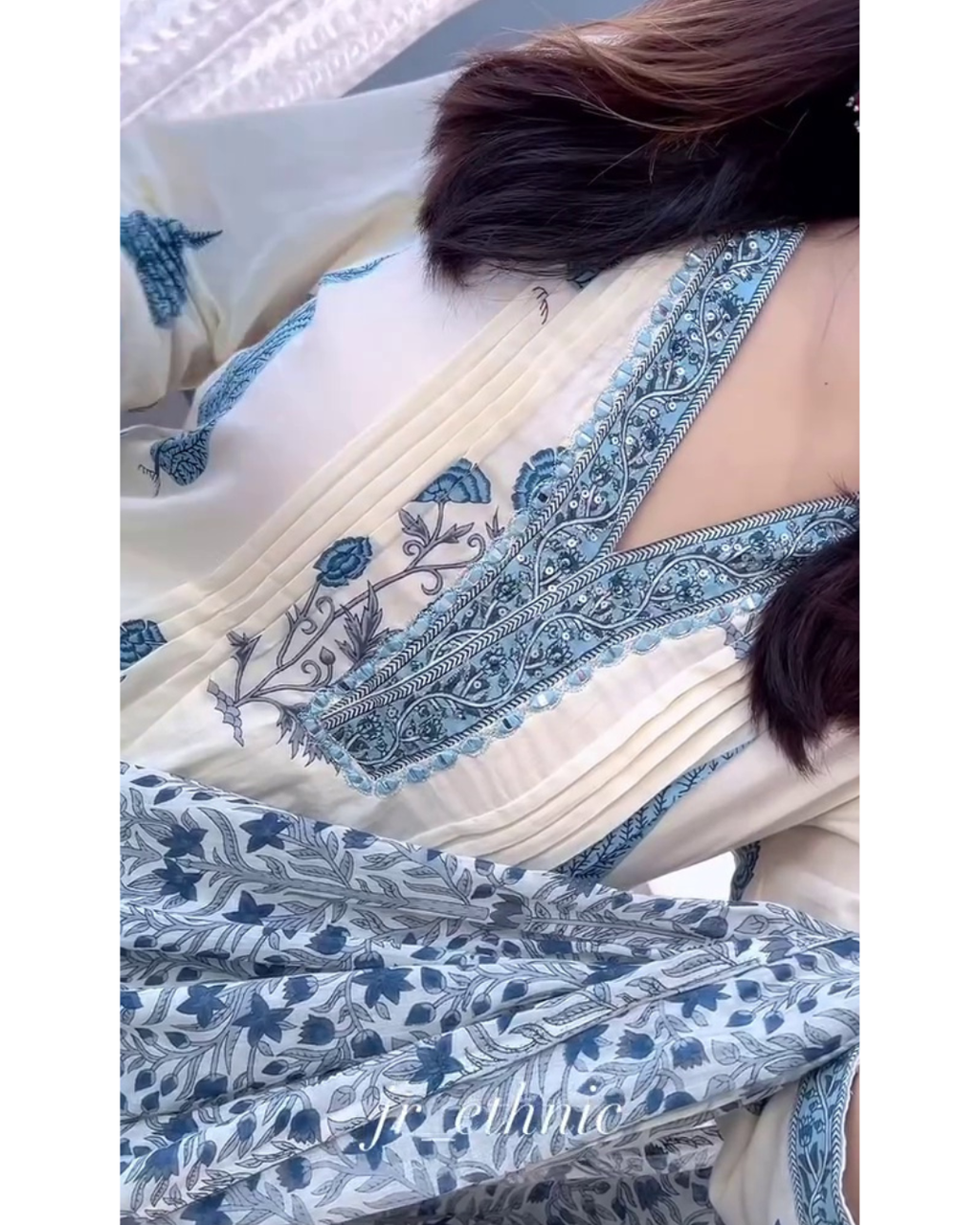 Ivory & Blue Floral Printed Kurta Set with Matching Dupatta