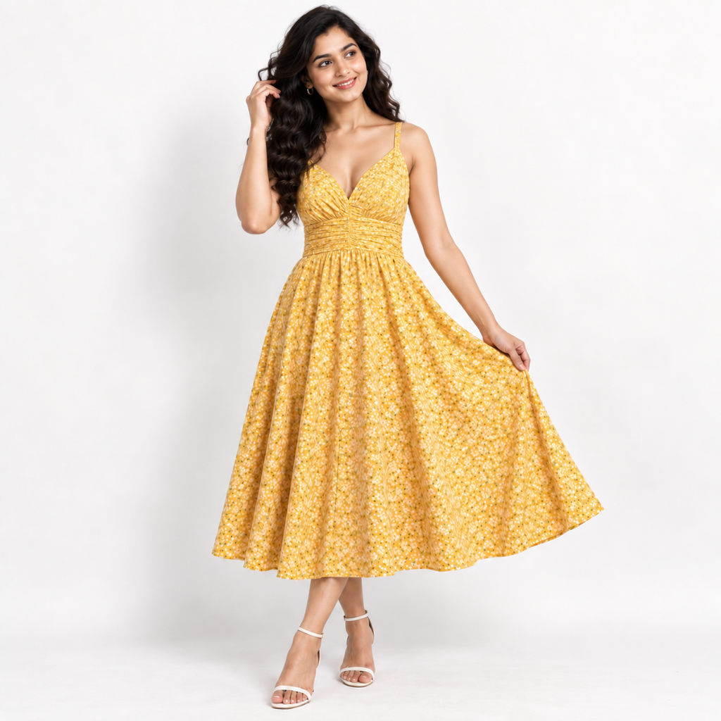 Women's Printed Dress with Denim Shirt Set