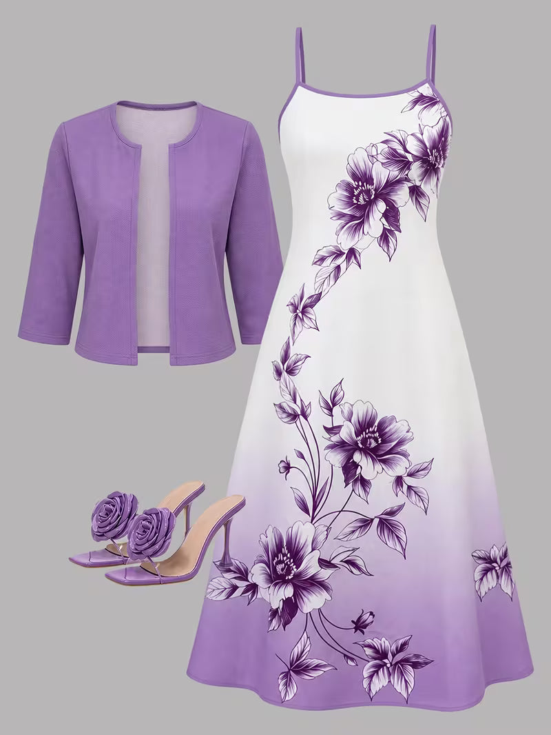 Elegant Women's Vintage Artistic Floral Print Dress Set