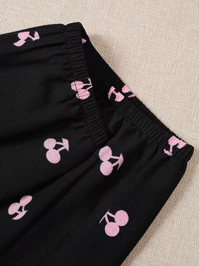 Women's Cherry Print Pajama Set – Short Sleeve Button-Up Top & Lounge Shorts