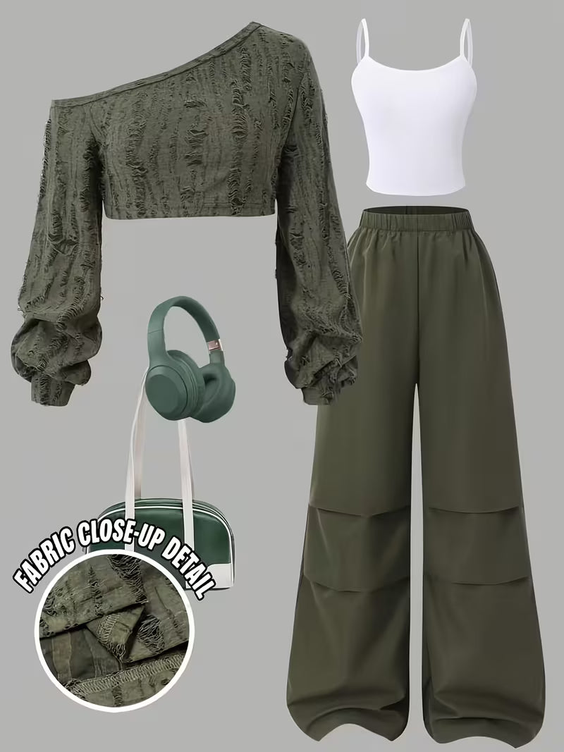 Women's Olive Green Textured One-Shoulder Crop Top & Wide-Leg Pants 3-Piece Co-Ord Set