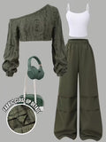 Women's Olive Green Textured One-Shoulder Crop Top & Wide-Leg Pants 3-Piece Co-Ord Set