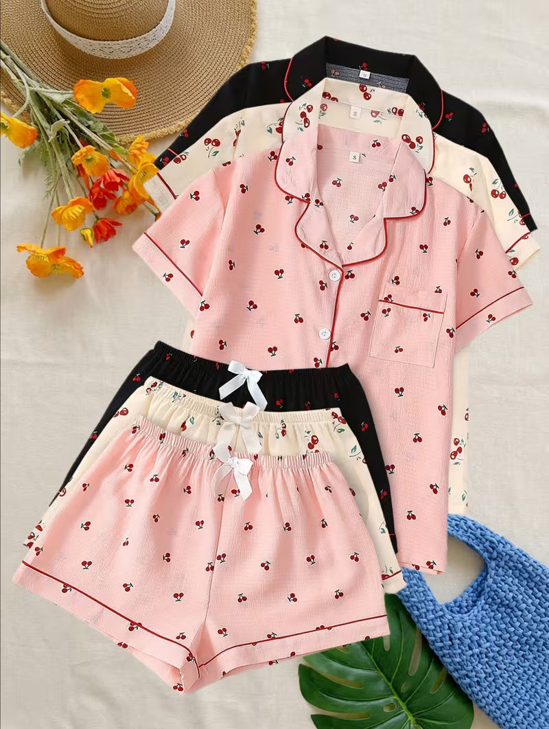 Women's Cherry Print Soft Textured Short Pajama Set – (SET OF 3)