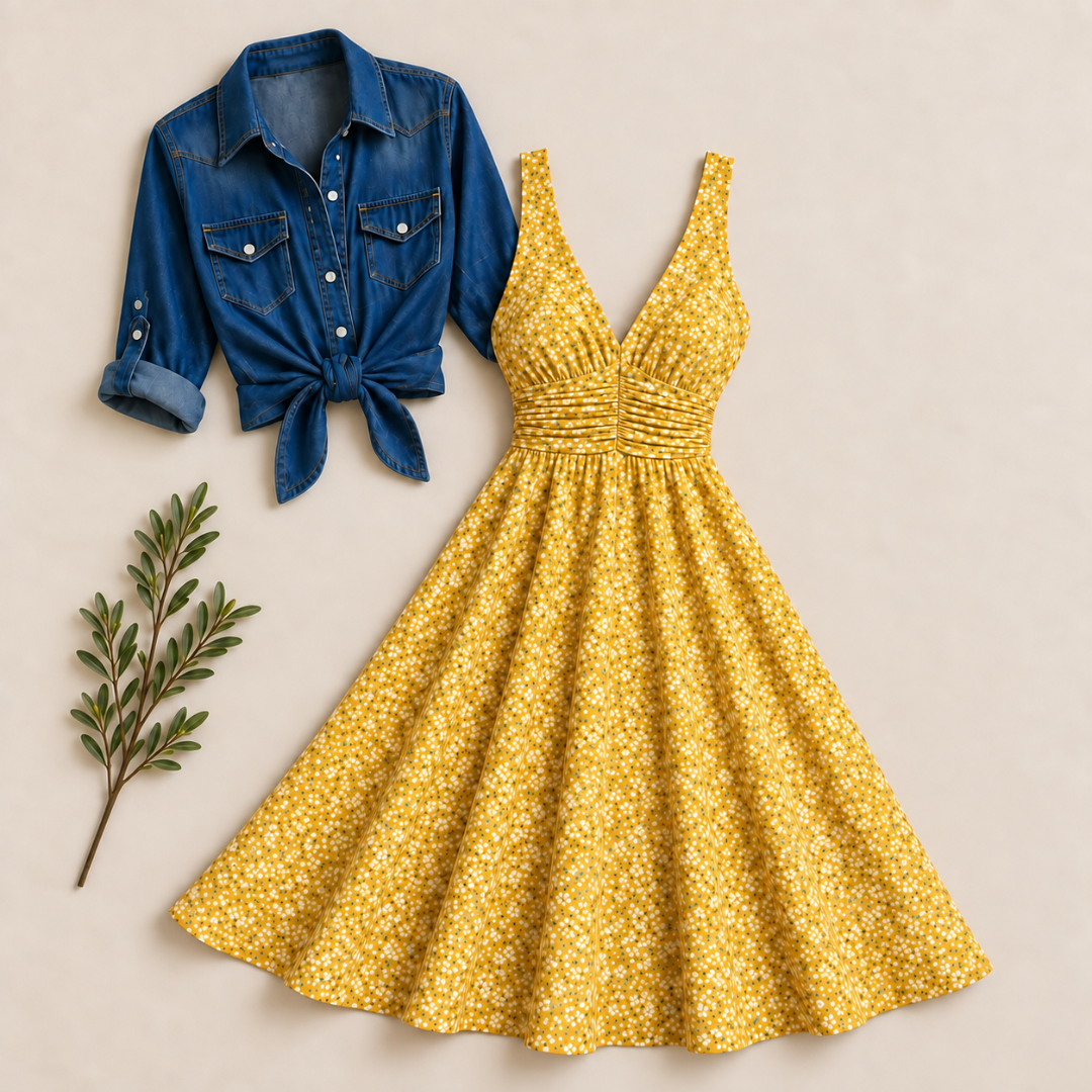 Women's Printed Dress with Denim Shirt Set