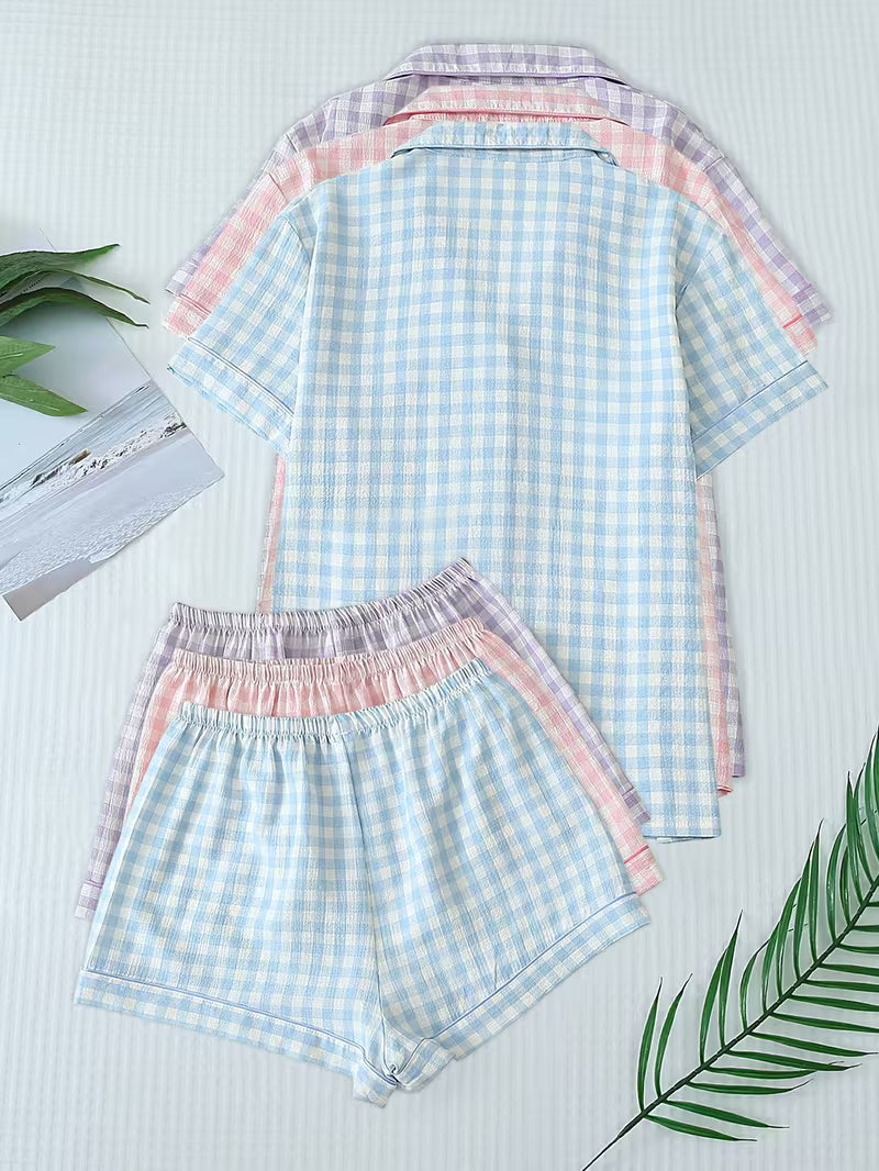 Women's Set of 3 Plaid Check Pajama Sets – Short Sleeve Button-Up Sleepwear