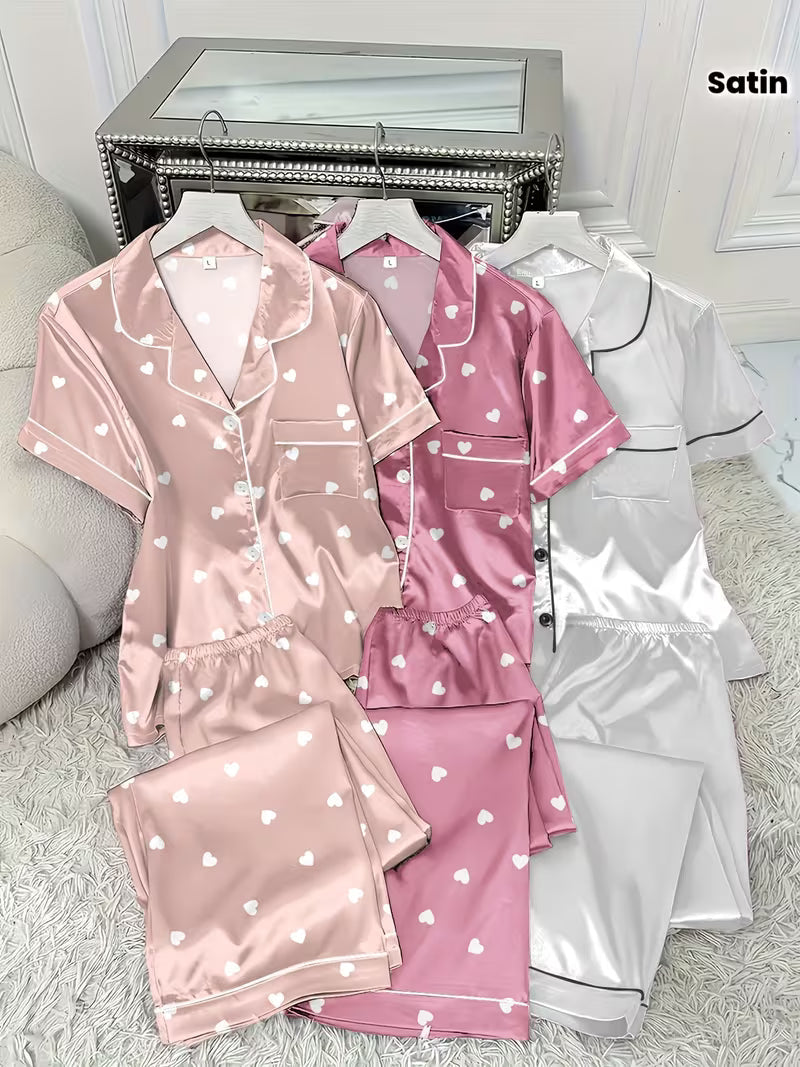 Women's Satin Heart Print Pajama Set – Short Sleeve Button-Up Sleepwear (Set of 3)