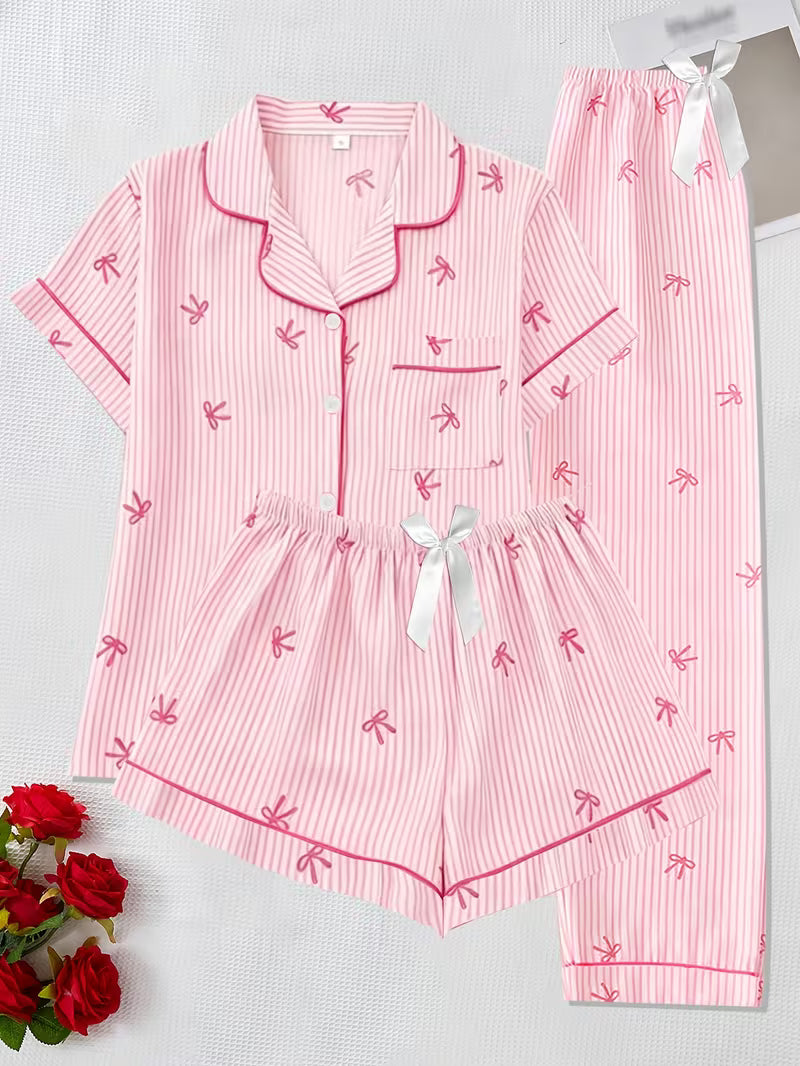 Women's Pink Bow Print Striped Pajama Set – Short Sleeve Button-Up Top & Shorts