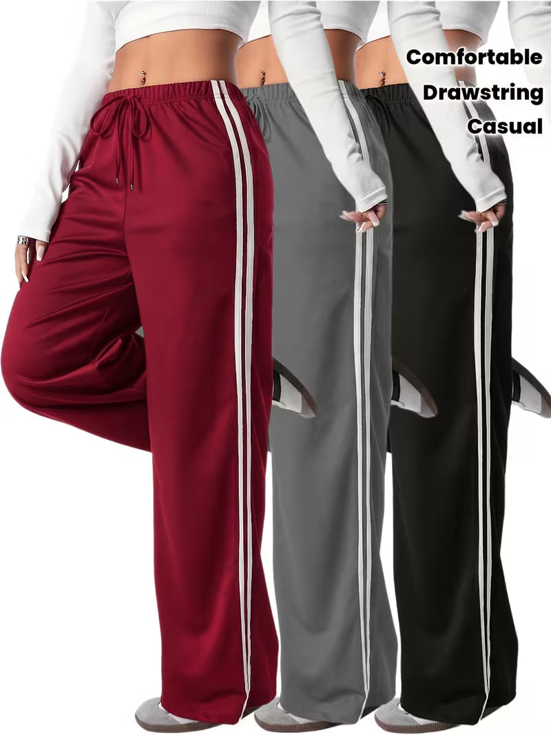 Women’s Contrast Stripe Wide-Leg Track Pants – Pack of 3