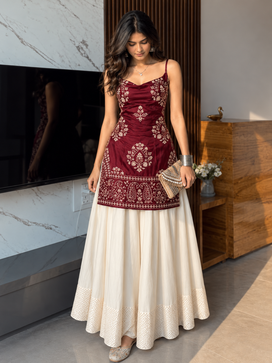 Women's Embroidered Kurti & Flared Skirt Set