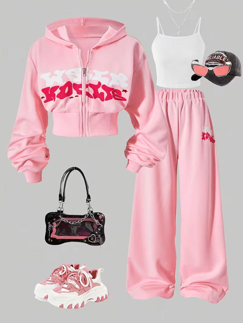Women's Pink Graphic Hoodie & Wide-Leg Pants 3-Piece Co-Ord Set